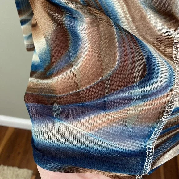 Vtg 90s Y2k Mesh Dress S M Bodycon Swirl Sheer Stretch Blue Brown Rave Club - Picture 4 of 11